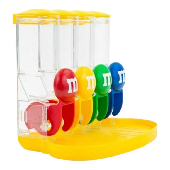 M&Ms World Four Tube CANDY DISPENSER 9x8x5 M&M Holder Food Storage Yellow +Tray - Picture 2 of 8